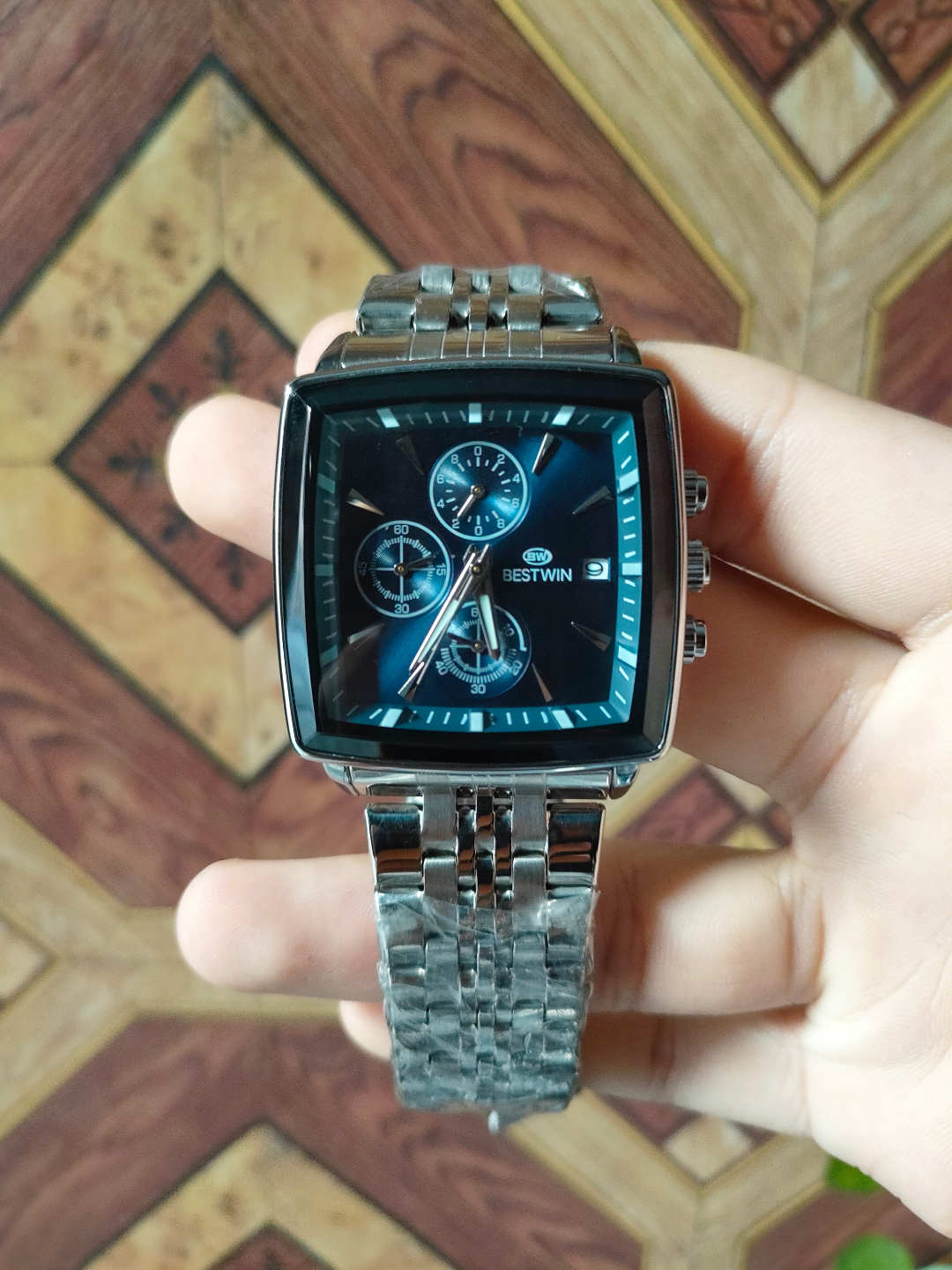 BESTWIN Men's Blue Dial Square Case Stainless Steel Watch