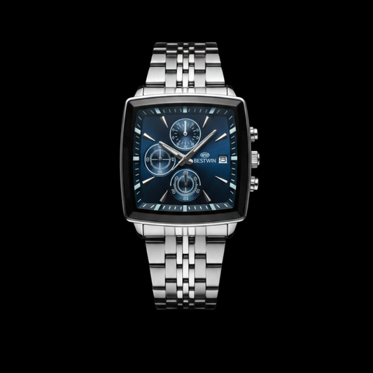 BESTWIN Men's Blue Dial Square Case Stainless Steel Watch