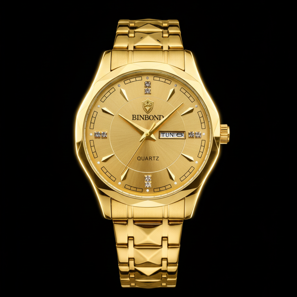 BINBOND Gold-Tone Quartz Day-Date Men's Premium Watch