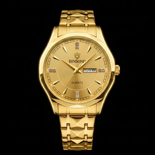 BINBOND Gold-Tone Quartz Day-Date Men's Premium Watch