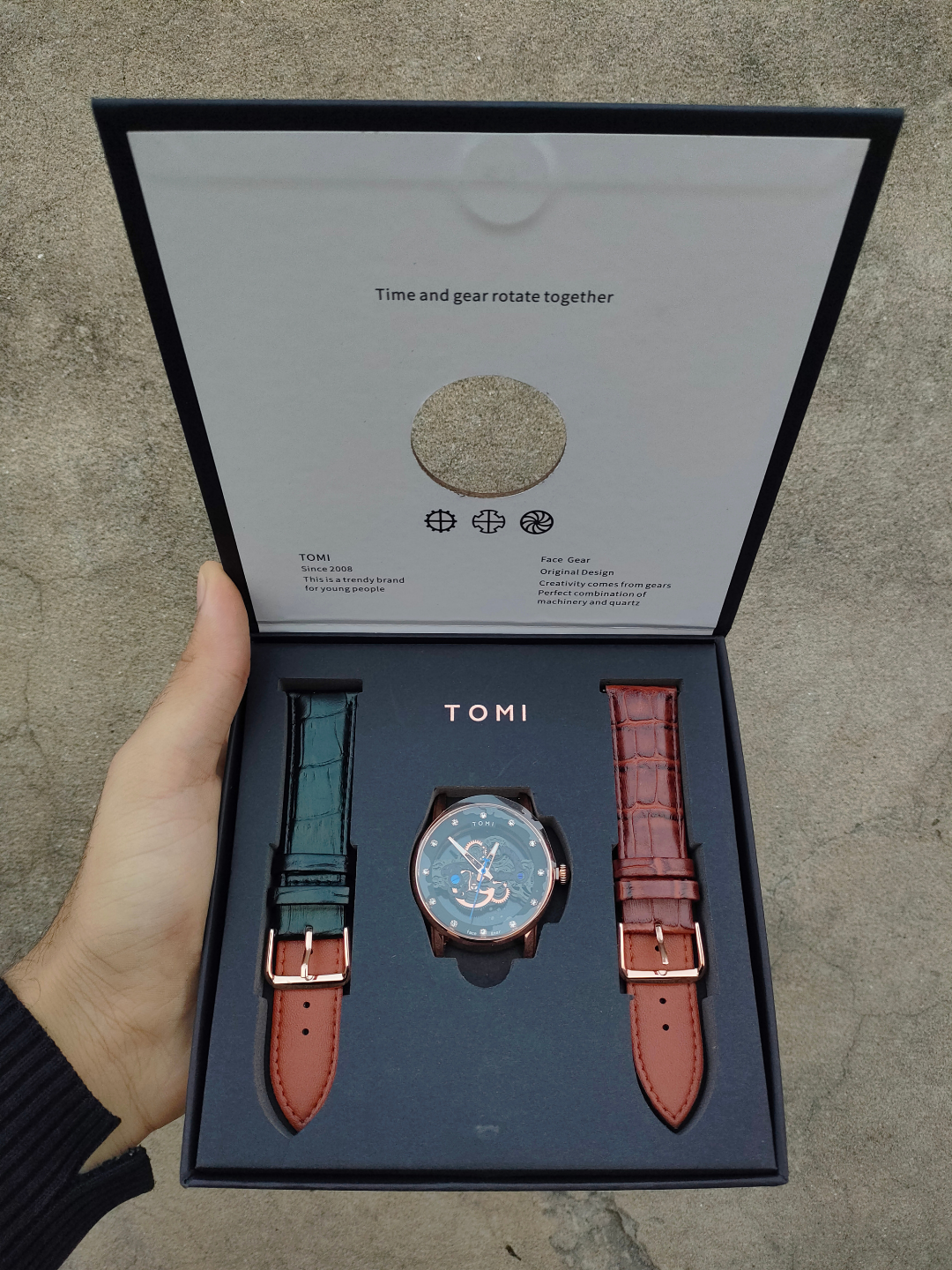 TOMI Men's Automatic Skeleton Watch - Interchangeable Leather Straps