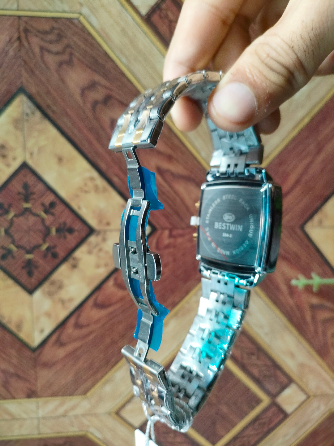 BESTWIN Men's Blue Dial Square Case Stainless Steel Watch