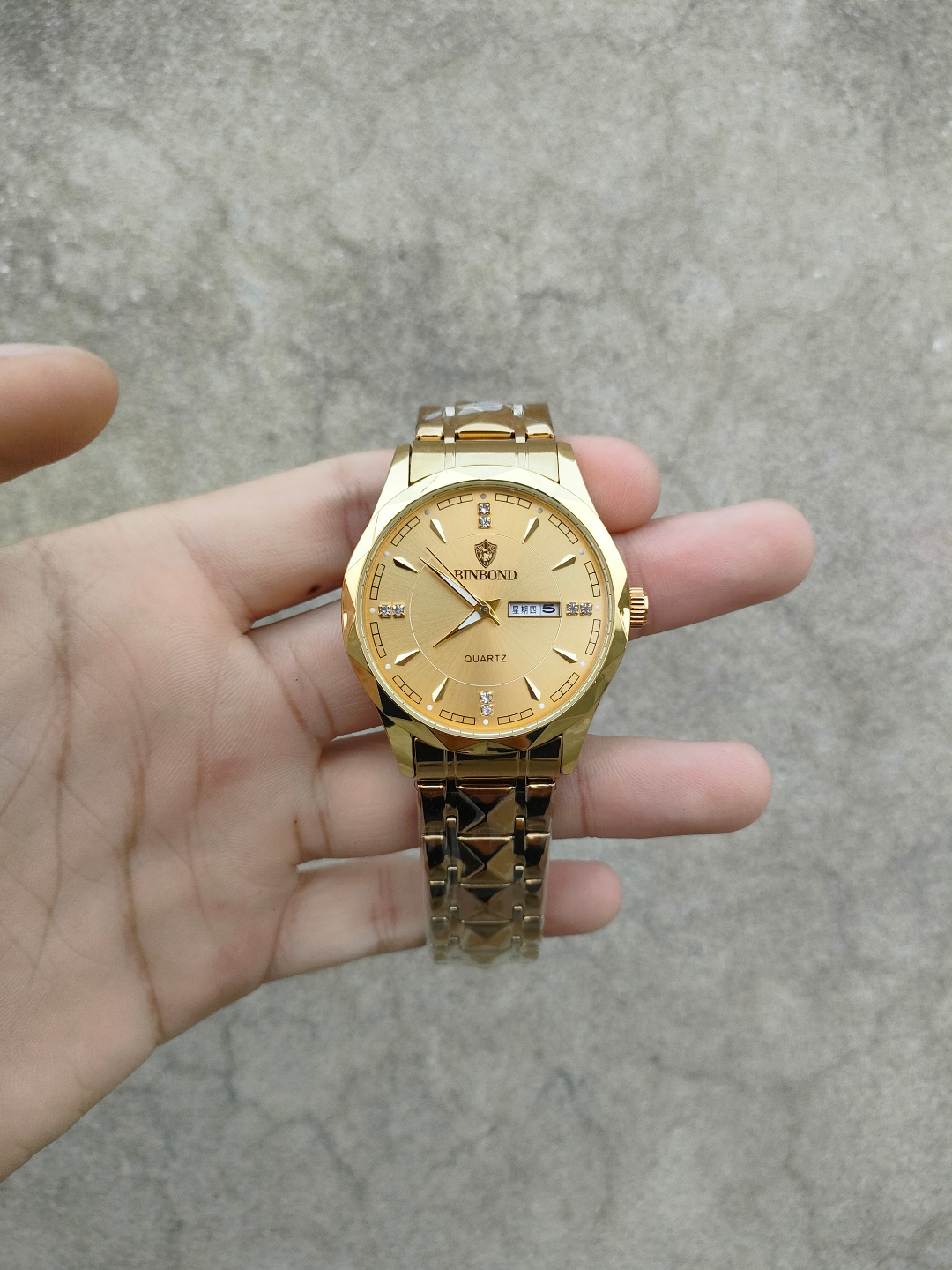 BINBOND Gold-Tone Quartz Day-Date Men's Premium Watch