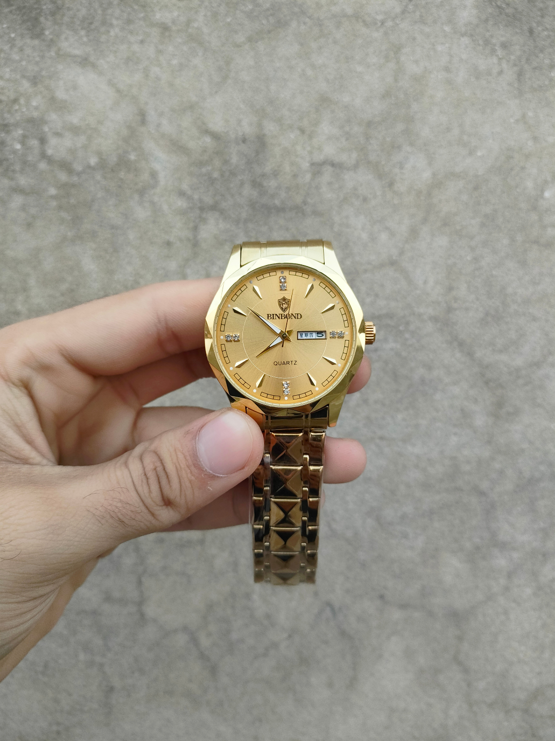 BINBOND Gold-Tone Quartz Day-Date Men's Premium Watch