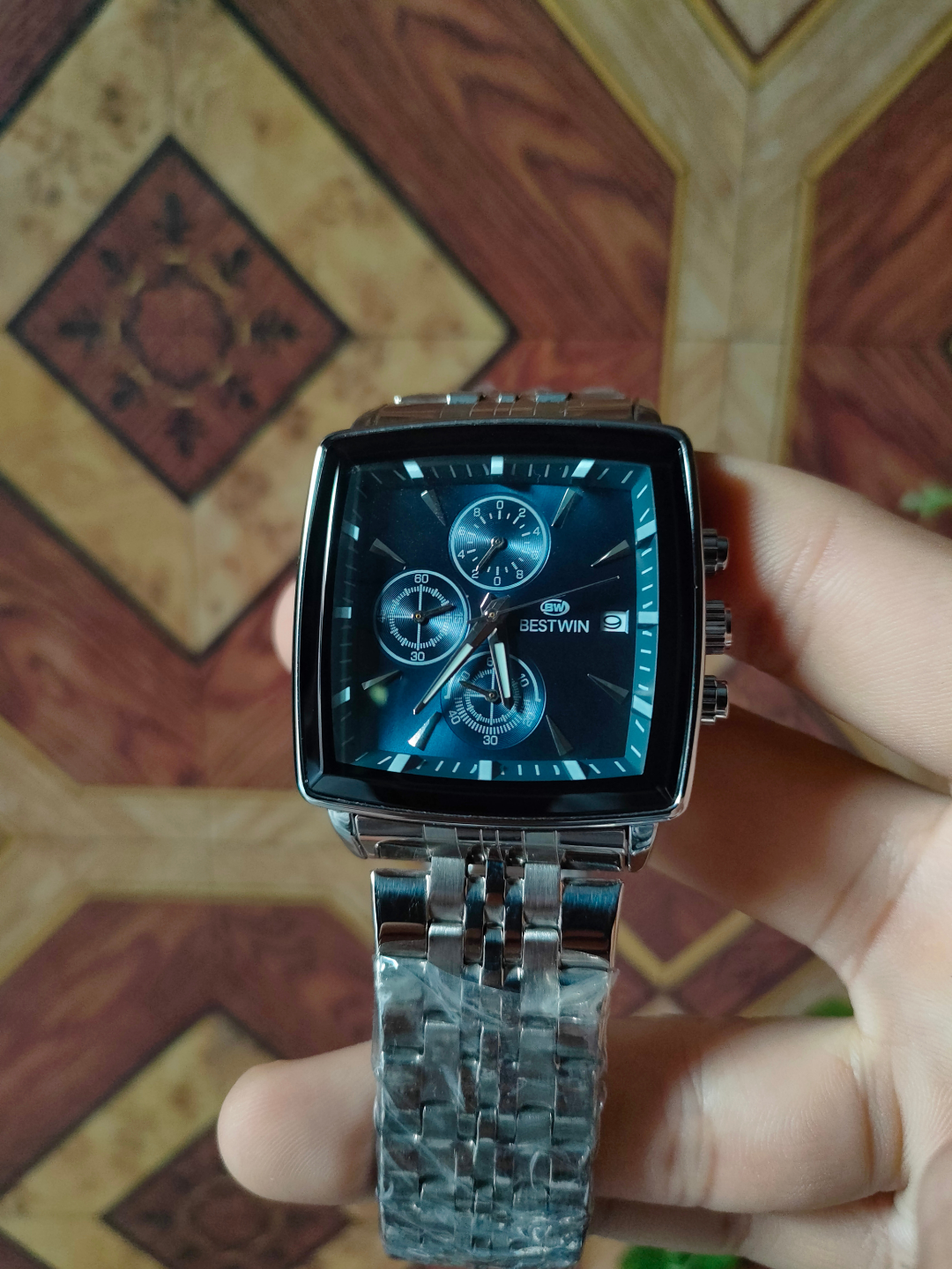 BESTWIN Men's Blue Dial Square Case Stainless Steel Watch